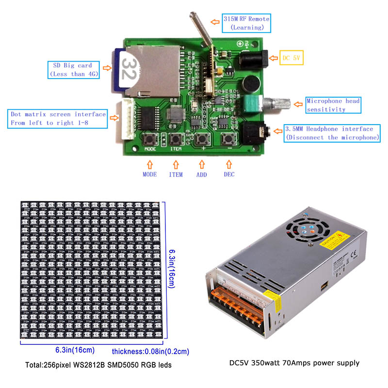 LED Music Spectrum Dot Matrix Screen Programmable Control Card FM18 - Built-in 2048 Pixels - Control 8 Pieces 16x16 WS2812B NeoPixel LED Soft Display LED Music Spectrum Dot Matrix Screen Programmable Control Card FM18 - Built-in 2048 Pixels - Control 8 Pieces 16x16 WS2812B NeoPixel LED Soft Display